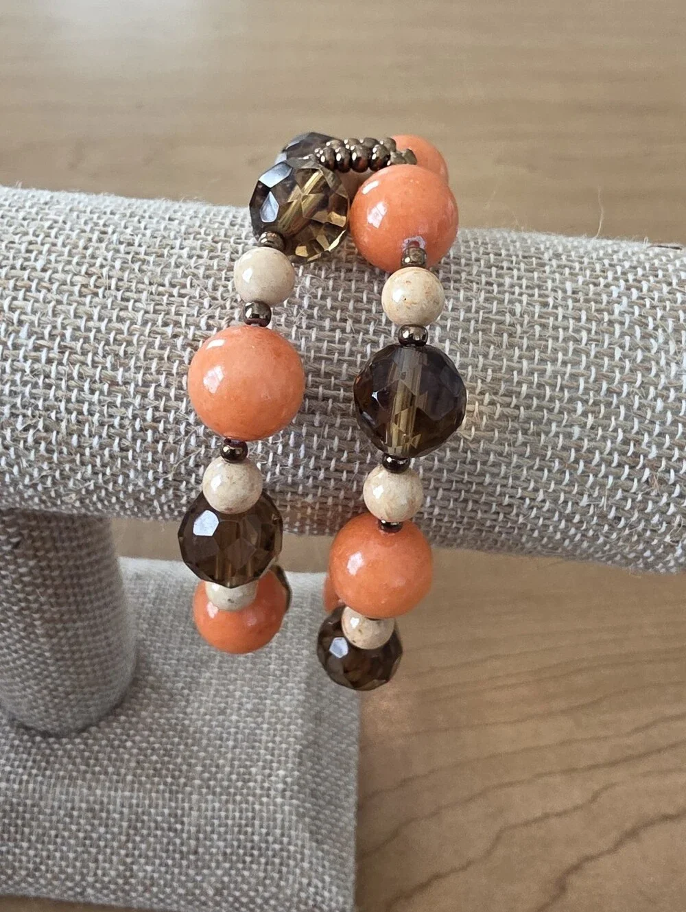 Boho Orange & Brown Beaded Multi-Row Stretch Bracelet Lightweight